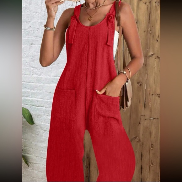 Boho red cami jumpsuit with pockets - Picture 3 of 15